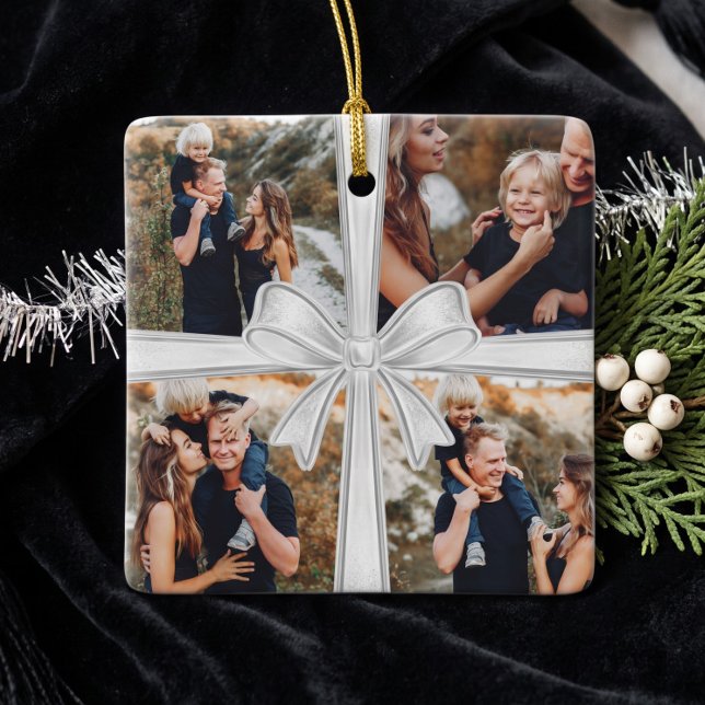 Modern Enkel Silverbåge Anpassad 4 Foto Collage Julgransprydnad Keramik (Modern Simple Silver Bow Custom 4 Photo Collage Ceramic Ornament)