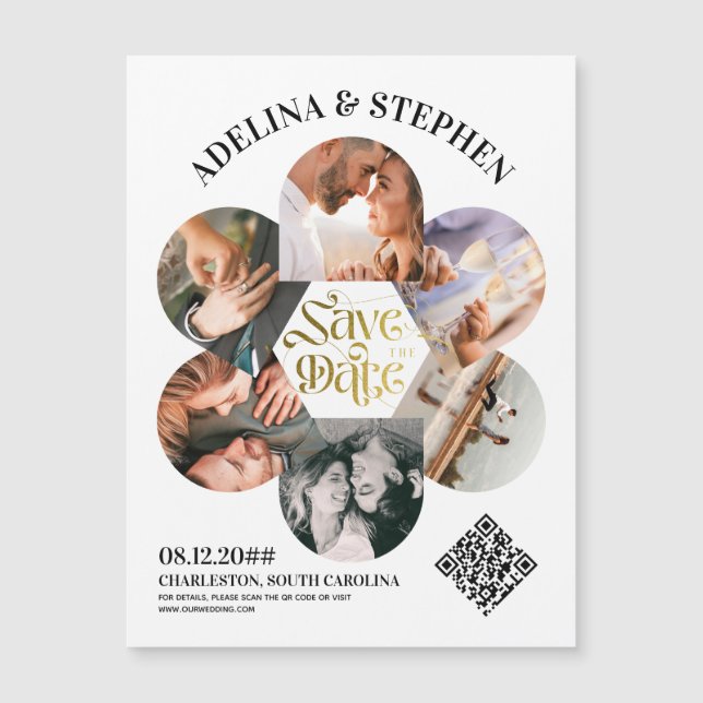 Modern enkel skript 6 Foto QR CODE Spara datumet Magnetisk Inbjudningskort (Framsida)