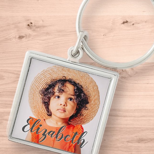 Modern enkel skript Lägg till ditt namn och foto Fyrkantig Silverfärgad Nyckelring (Skapare uppladdad)