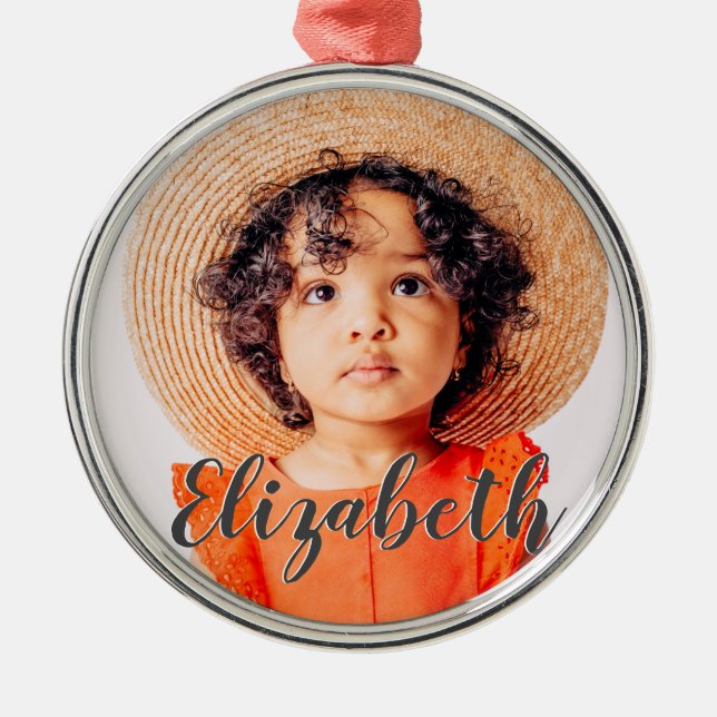 Modern enkel skript Lägg till ditt namn och foto Julgransprydnad Metall (Framsidan)