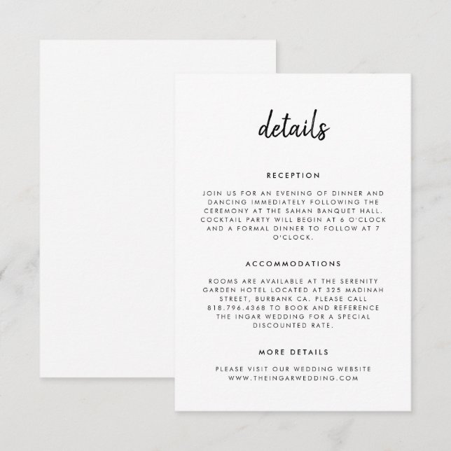 Modern Enkel Skript Svart och Vitt Bröllop Tilläggskort (Fram/baksida)