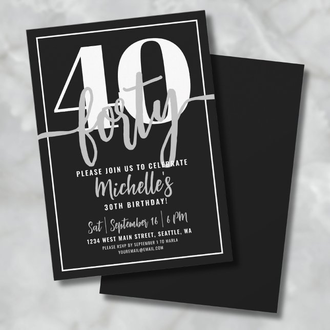 Modern Enkel Stilren Skrift 40-års Födelsedagsfest Inbjudningar (Modern Black 30th Birthday Party Invitation)