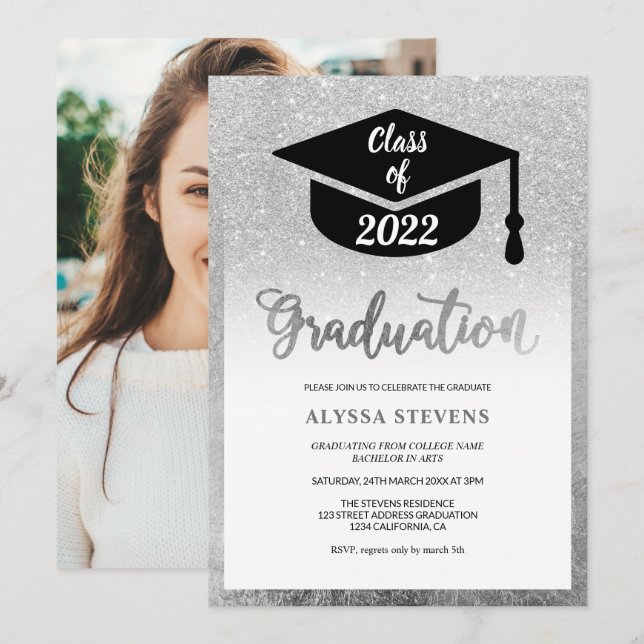 Modern enkel studenten-foto från silver glitter inbjudningar (Fram/baksida)