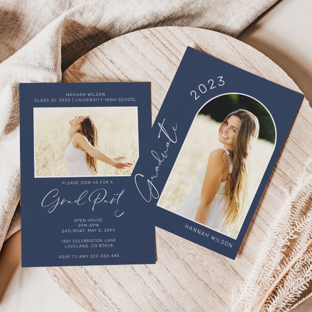 Modern enkel Studentfest för fotomarinkblått Inbjudningar (Skapare uppladdad)
