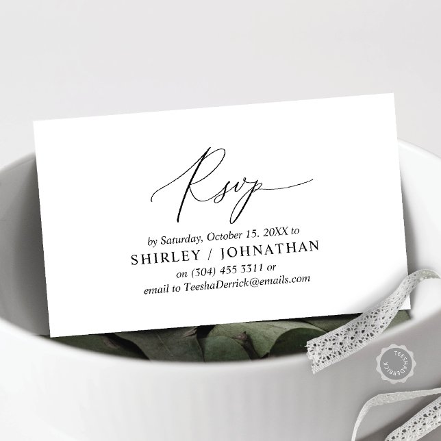 Modern enkel svart kalligrafi, Bröllop OSA Tilläggskort (Invitation RSVP respond Enclosure Card, with wedding website, in Elegant Romantic Black and white)