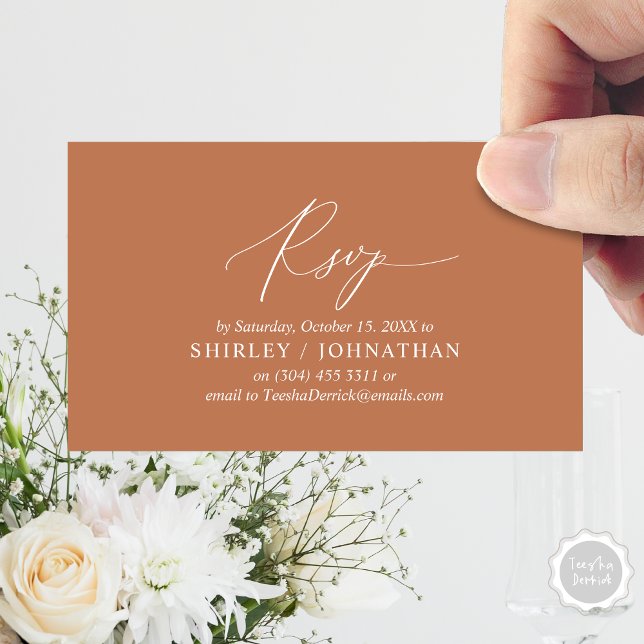Modern enkel svart kalligrafi, Bröllop OSA Tilläggskort (Wedding Dinner Invitation RSVP Enclosed Card, Online, Email, Modern Romantic, in Copper Rust Brown)