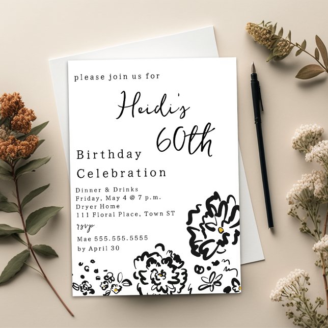 Modern enkel svart och vit blomma 60:e födelsedag inbjudningar (Modern Simple Black and White Flower 60th Birthday Invitation)