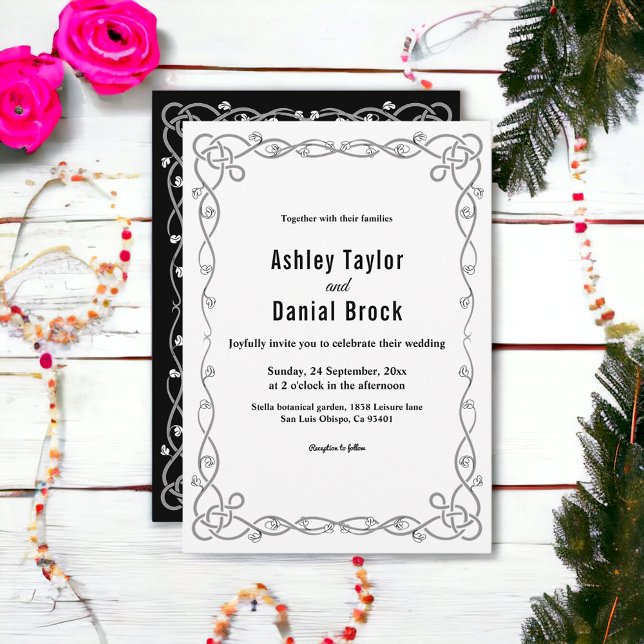 Modern enkel svart och vit Boho Blommigt Bröllop Inbjudningar (Skapare uppladdad)