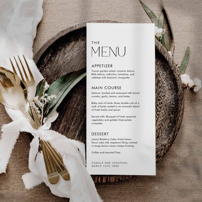 Modern enkel svart och vit Bröllop Meny (Modern Minimalist Personalized Wedding Card)