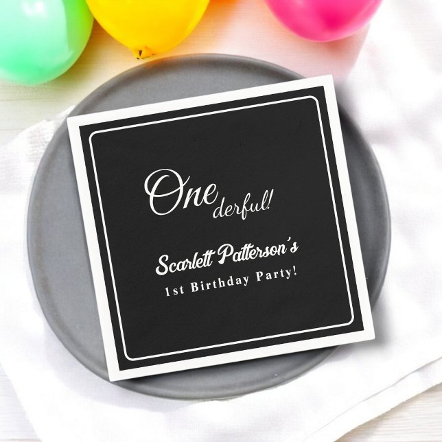 Modern enkel svart och vit Elegant 1:a födelsedag Pappersservett (Skapare uppladdad)