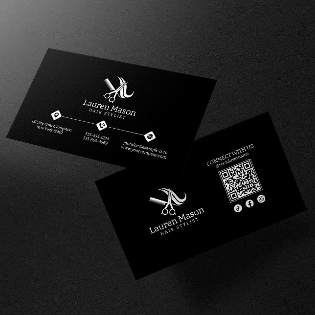 Modern enkel svart och vit hårslips QR-kod Visitkort (Skapare uppladdad)