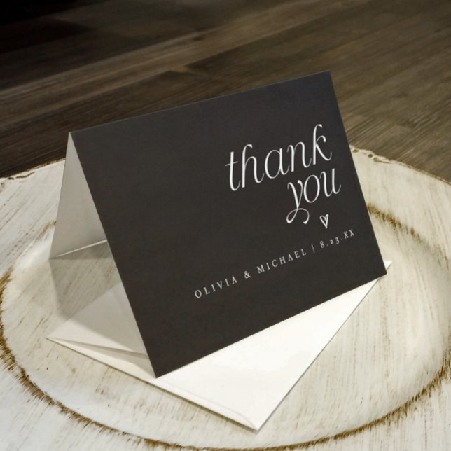 Modern Enkel Svart Och Vit Hjärtbröllop Tack Kort (wedding thank you card - black and white simple modern folding wedding thank you)