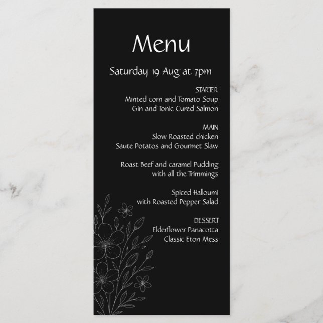 Modern enkel svart & vit minimalistisk blomstergir meny (Framsida)
