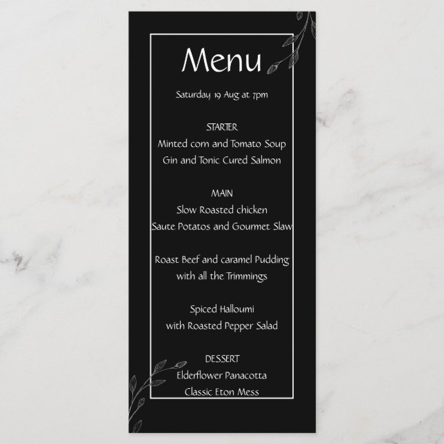 Modern enkel svart & vit minimalistisk blomsterran meny (Framsida)