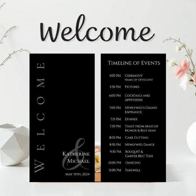 Modern enkel svartvitt och vitt-Bröllopsprogram- (Minimalist Modern Black and White Welcome Wedding Program-Timeline of Events)