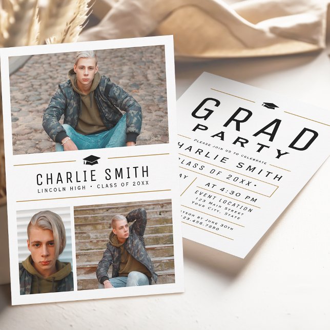 Modern Enkel Typografi 3 Foto Examen Fest Inbjudningar (Modern Simple Typography 3 Photo Graduation Party Invitation)