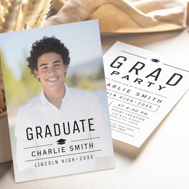 Modern Enkel Typografi Foto Examen Fest Inbjudningar (Modern Simple Typography Photo Graduation Party Invitation)