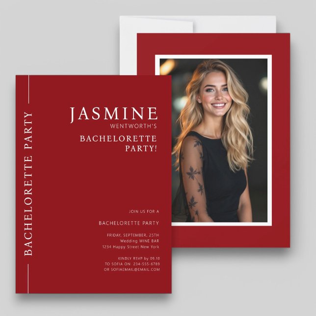 Modern enkel typografi-fotobachelorettfest inbjudningar (modern clean typography bachelorette party invitation in red and white )