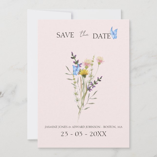 Modern Enkel Vildblomma Blommig Bröllop Spara Datumet (Framsida)