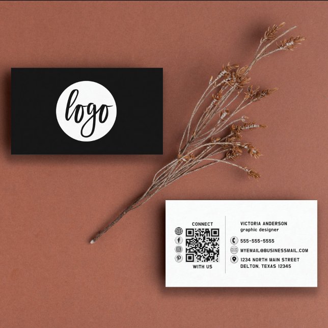 Modern enkel vit och svart Logotyp QR-kod Visitkort (Skapare uppladdad)