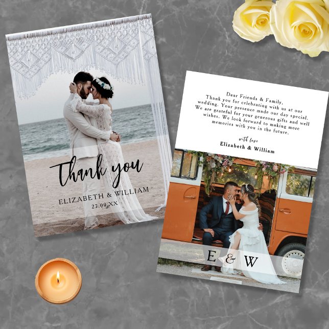 Modern enkel vit övertäckning 2 Photo Bröllop Tack Kort (Modern Simple white overlay 2 Photo Wedding Thank You Card)