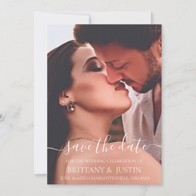 Modern enkel, vit skriptfoto spara datumet (Framsida)