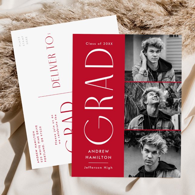 Modern Enkelhet Röd 3 Foto Examenfest Inbjudan Vykort (Skapare uppladdad)