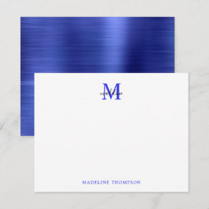 Modern, enkelt, blått Metall-blått Monogram Anteckningskort