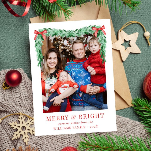 Modern, enkelt Bow Merry & Bright Jul Photo Julkort (Skapare uppladdad)