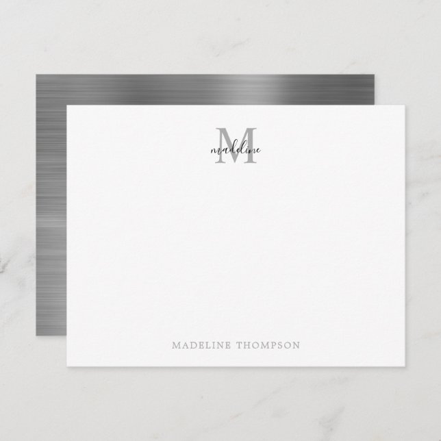 Modern, enkelt Brushed Metall Silver Grått Monogra Anteckningskort (Fram/baksida)