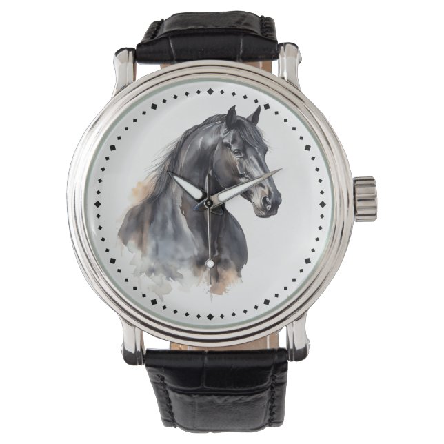 Modern Equestrian Thoroughborn Black Horse Armbandsur (Framsida)