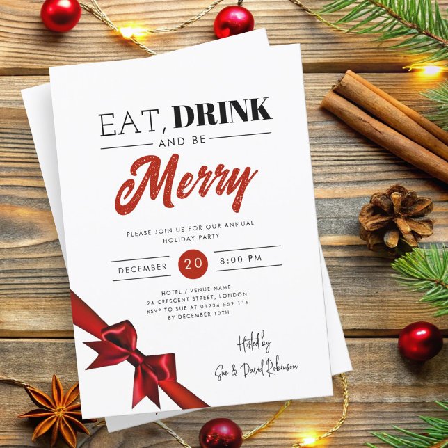 Modern etat, drick God jul Red Inbjudningar (Modern Eat, Drink Be Merry Xmas Red Ribbon Invitation)