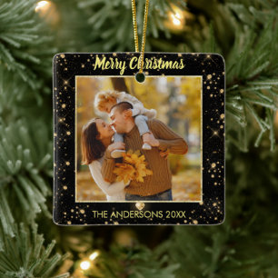 Modern ett foto Sparkling Black Faux Guld Glitter Julgransprydnad Keramik