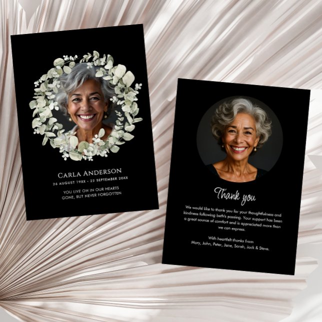 Modern Eucalyptus 2-foto-begravning/Memorial Tack Kort (Skapare uppladdad)