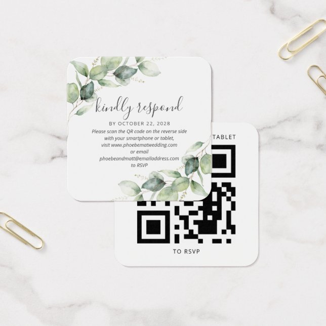 Modern Eucalyptus Botanical Bröllop QR Code OSA Fyrkantigt Visitkort (Kontor)
