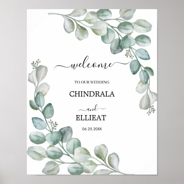 Modern Eucalyptus bröllak välkomsthälsning Poster (Framsidan)