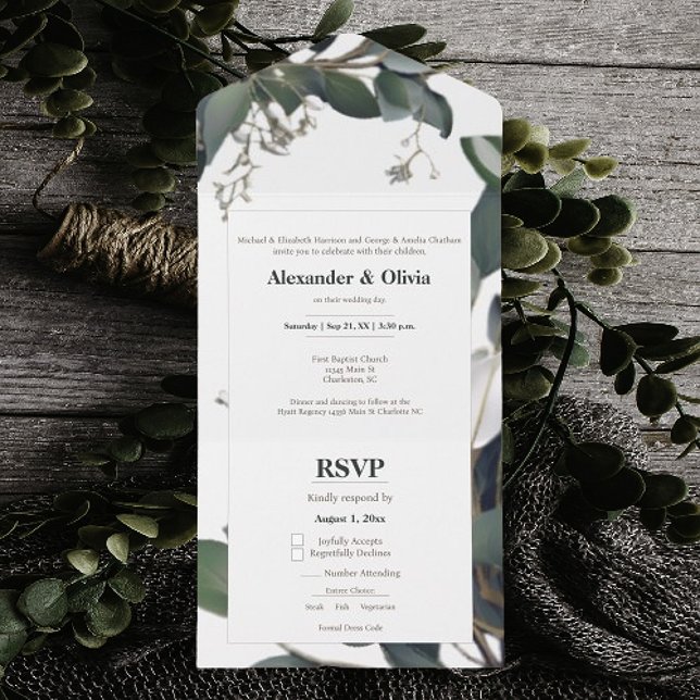 Modern Eucalyptus Bröllop (Modern Eucalyptus Wedding All in One Invitation)