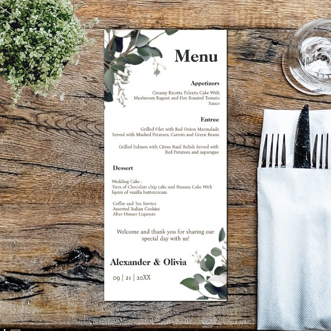 Modern Eucalyptus Bröllop Meny (Modern Eucalyptus Wedding Menu)