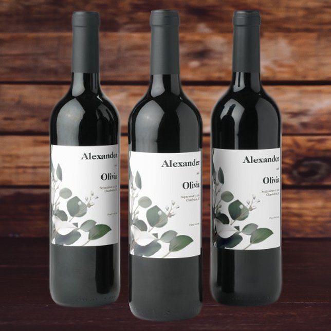 Modern Eucalyptus Bröllop Vinflaska Etikett (Modern Eucalyptus Wedding Wine Label)