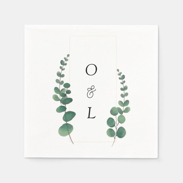 Modern Eucalyptus Calligraphy Monogram Bröllop Pappersservett (Framsidan)