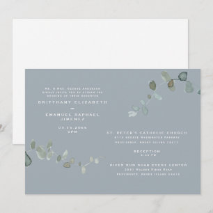 Modern Eucalyptus Dusty Blue Two Venues Bröllop Inbjudningar