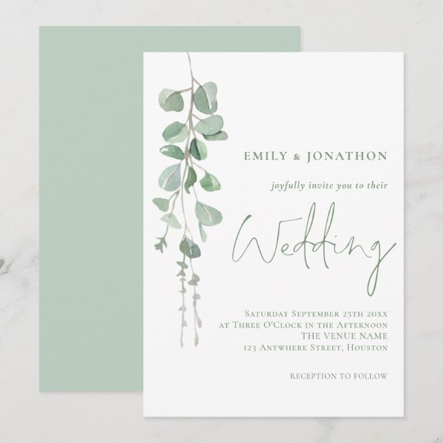 Modern Eucalyptus Elegant Sage Bröllop Inbjudningar (Fram/baksida)