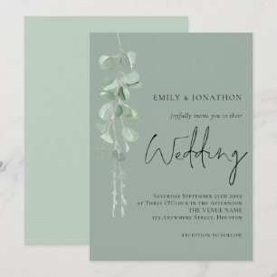 Modern Eucalyptus Elegant Script Mörk Sage Bröllop Inbjudningar