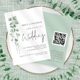 Modern Eucalyptus Elegant Script QR-kod Bröllop Inbjudningar