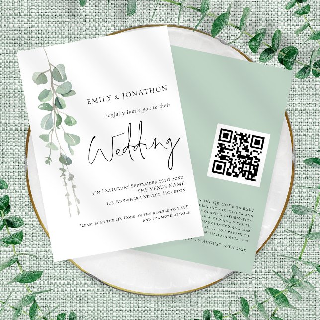 Modern Eucalyptus Elegant Script QR-kod Bröllop Inbjudningar (Front and back view)