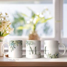 Modern Eucalyptus Greenery Blommigt Monogram Kaffemugg