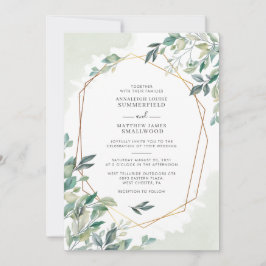 Modern Eucalyptus Greenery Guld Geometric Bröllop Inbjudningar