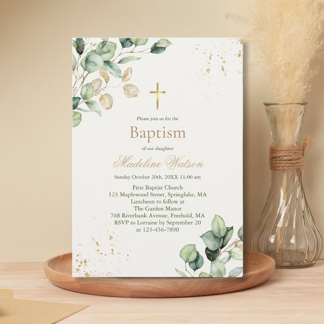 Modern Eucalyptus Greenery Guld Kor Baptism Inbjudningar (Skapare uppladdad)