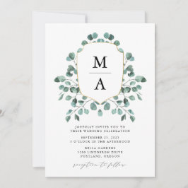 Modern Eucalyptus Greenery Monogram Bröllop Inbjudningar