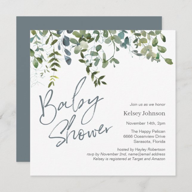Modern Eucalyptus Greenery Script Baby Shower Inbjudningar (Fram/baksida)